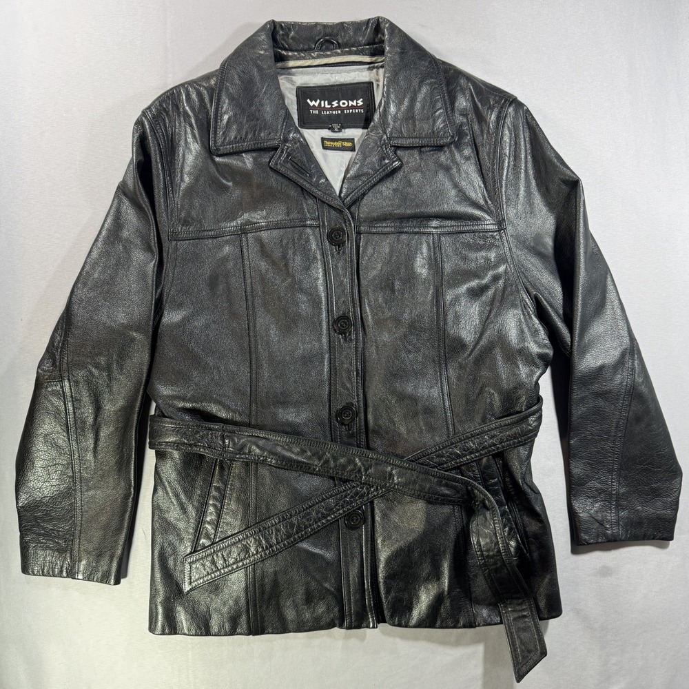 Wilsons Leather Jacket Womens XL Black Belted Thinsulate Insulated Trench Coat
